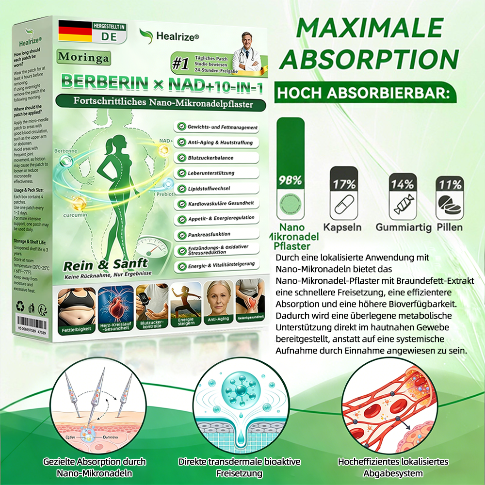 【Offizieller Shop】| 🍃 Healrize® Moringa · Berberin × NAD+ 10-in-1 Advanced Nano-Mikronadel-Pflaster Nicht-invasiv✔️Bei Fettleibigkeit, schlaffer Haut, Diabetes, Schlafapnoe, Gelenkproblemen und vielem mehr